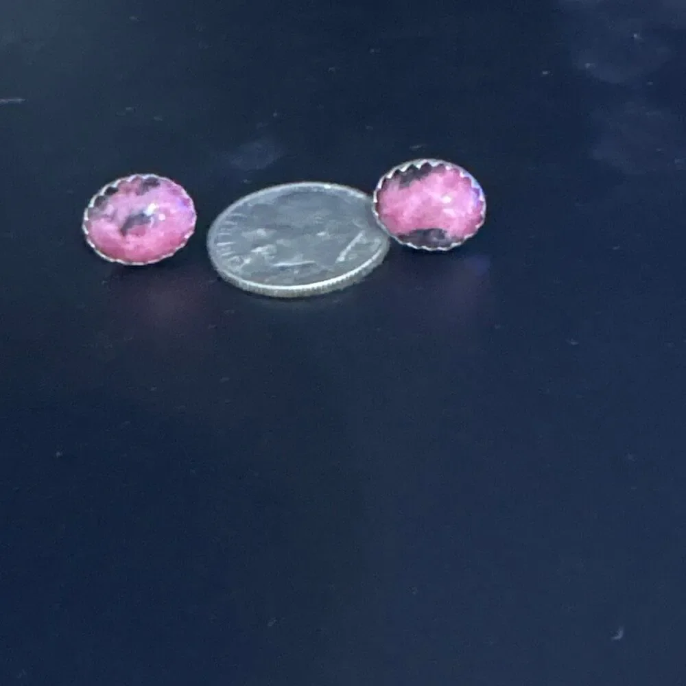 Pink Rhodochrosite and Black Onyx Stud Earrings, NEW, Handmade